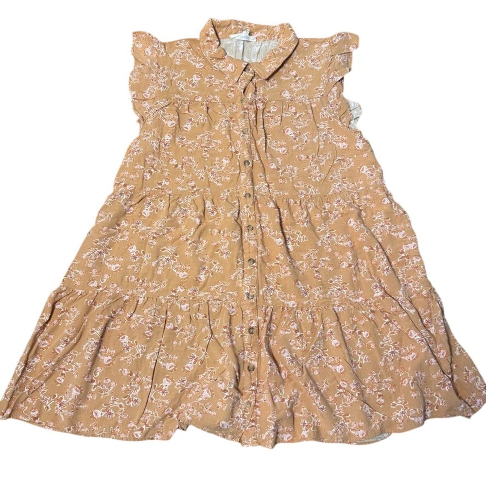 Lucky Brand Floral Tiered Sleeveless Button Down Mini Dress XL Terracotta Tan